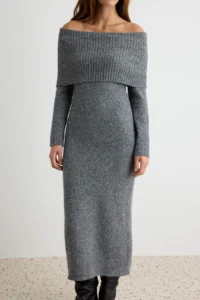 TRENDYOLMİLLA Anthracite Carmen Collar Maxi Knit Dress - Image 3