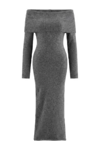TRENDYOLMİLLA Anthracite Carmen Collar Maxi Knit Dress - Image 5