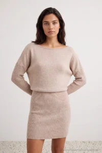 TRENDYOLMİLLA Beige Boat Neck Drop Sleeve Mini Length Knit Dress - Image 2