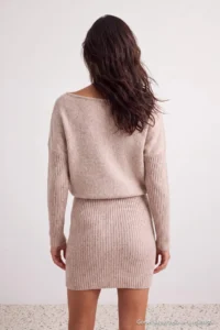 TRENDYOLMİLLA Beige Boat Neck Drop Sleeve Mini Length Knit Dress - Image 3