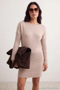 TRENDYOLMİLLA Beige Boat Neck Drop Sleeve Mini Length Knit Dress - Image 4