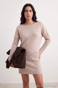 TRENDYOLMİLLA Beige Boat Neck Drop Sleeve Mini Length Knit Dress - Image 5