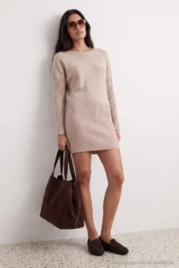 TRENDYOLMİLLA Beige Boat Neck Drop Sleeve Mini Length Knit Dress - Image 6