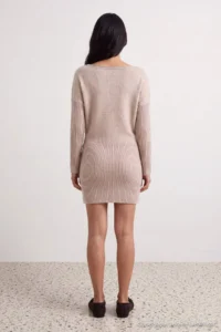 TRENDYOLMİLLA Beige Boat Neck Drop Sleeve Mini Length Knit Dress - Image 8