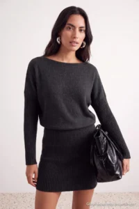 TRENDYOLMİLLA Black Boat Neck Drop Sleeve Mini Length Knit Dress - Image 3