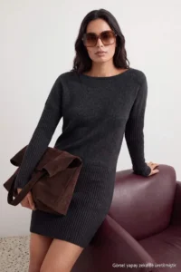 TRENDYOLMİLLA Black Boat Neck Drop Sleeve Mini Length Knit Dress - Image 5