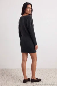 TRENDYOLMİLLA Black Boat Neck Drop Sleeve Mini Length Knit Dress - Image 7