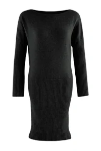 TRENDYOLMİLLA Black Boat Neck Drop Sleeve Mini Length Knit Dress - Image 8
