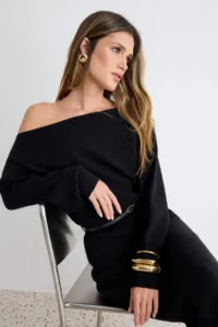TRENDYOLMİLLA Black bodycone Arched Boat Neck LONG Knit Dress - Image 2