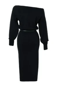 TRENDYOLMİLLA Black bodycone Arched Boat Neck LONG Knit Dress - Image 7