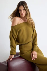 TRENDYOLMİLLA Oil Green bodycone Arched Boat Neck LONG Knit Dress - Image 2