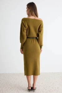 TRENDYOLMİLLA Oil Green bodycone Arched Boat Neck LONG Knit Dress - Image 4