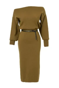 TRENDYOLMİLLA Oil Green bodycone Arched Boat Neck LONG Knit Dress - Image 5