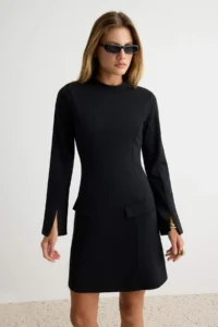 TRENDYOLMİLLA Black A-Cut/Life Form High Neck Long Sleeve Mini interlock Knitting Dress - Image 2