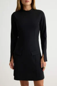TRENDYOLMİLLA Black A-Cut/Life Form High Neck Long Sleeve Mini interlock Knitting Dress - Image 3