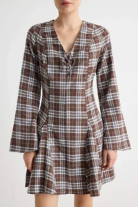TRENDYOLMİLLA Brown Plaid/Checkered A-Cut/Life Form Short / Mini Weaving Dress - Image 3