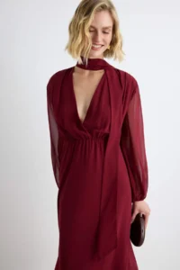 TRENDYOLMİLLA Burgundy Shawl Detailed A-Cut/Life Form Midi Weaving Siphon Dress - Image 2