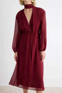 TRENDYOLMİLLA Burgundy Shawl Detailed A-Cut/Life Form Midi Weaving Siphon Dress - Image 4