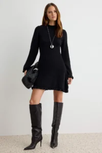 TRENDYOLMİLLA Black Ruffle Detailed A Line Mini Knit Dress