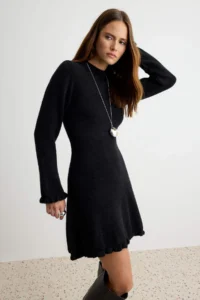 TRENDYOLMİLLA Black Ruffle Detailed A Line Mini Knit Dress - Image 2