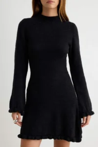 TRENDYOLMİLLA Black Ruffle Detailed A Line Mini Knit Dress - Image 3