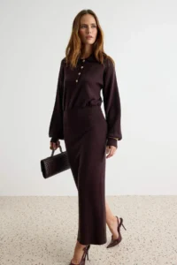 TRENDYOLMİLLA Brown Polo Shirt Collar Bluzan Plain Maxi Knit Dress - Image 2