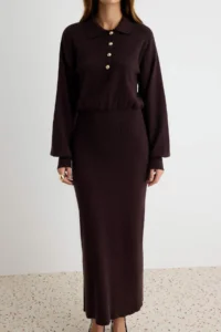 TRENDYOLMİLLA Brown Polo Shirt Collar Bluzan Plain Maxi Knit Dress - Image 3