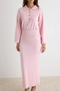 TRENDYOLMİLLA PINK Polo Shirt Collar Bluzan Plain Maxi Knit Dress - Image 4
