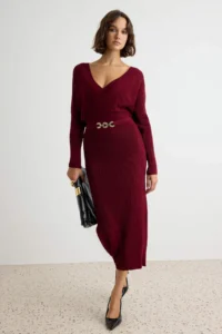 TRENDYOLMİLLA Burgundy Double breasted Belt Detailed bodycone Plain Maxi Knit Dress