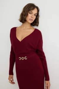 TRENDYOLMİLLA Burgundy Double breasted Belt Detailed bodycone Plain Maxi Knit Dress - Image 2