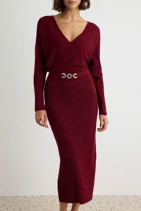 TRENDYOLMİLLA Burgundy Double breasted Belt Detailed bodycone Plain Maxi Knit Dress - Image 4