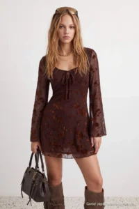 TRENDYOLMİLLA Brown Floral skater/Belden Flared Cowl Neck Mini Tulle Lined Knitting Dress