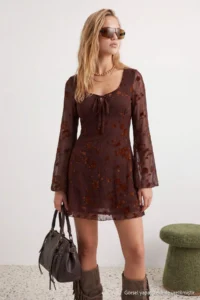 TRENDYOLMİLLA Brown Floral skater/Belden Flared Cowl Neck Mini Tulle Lined Knitting Dress - Image 2