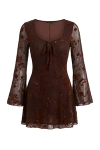 TRENDYOLMİLLA Brown Floral skater/Belden Flared Cowl Neck Mini Tulle Lined Knitting Dress - Image 5