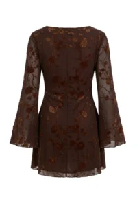 TRENDYOLMİLLA Brown Floral skater/Belden Flared Cowl Neck Mini Tulle Lined Knitting Dress - Image 7