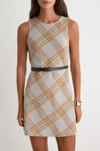 TRENDYOLMİLLA Beige Plaid / Checkered A-line Crew Neck Sleeveless Short / Mini Tweed Knitting Dress - Image 3