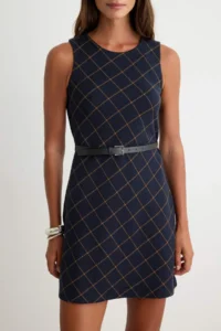 TRENDYOLMİLLA NAVY BLUE Plaid/Checkered A-Cut/Life Form Crew Neck Mini Tweed Knitting Dress - Image 3