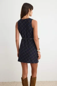 TRENDYOLMİLLA NAVY BLUE Plaid/Checkered A-Cut/Life Form Crew Neck Mini Tweed Knitting Dress - Image 4