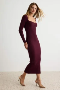 TRENDYOLMİLLA Plum Heart Collar bodycone Maxi Knit Dress - Image 2