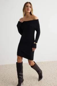 TRENDYOLMİLLA Black Carmen Collar Plain Mini Knit Dress