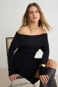 TRENDYOLMİLLA Black Carmen Collar Plain Mini Knit Dress - Image 2
