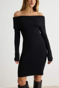 TRENDYOLMİLLA Black Carmen Collar Plain Mini Knit Dress - Image 3
