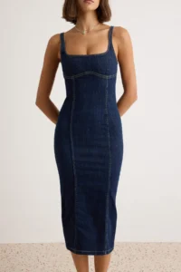 TRENDYOLMİLLA Dark Medium Less Flexible Sleeveless Midi DENIM Dress - Image 3