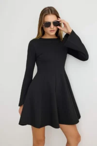 TRENDYOLMİLLA Black skater/Belden Flared Short / Mini interlock Knitting Dress - Image 2