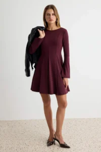 TRENDYOLMİLLA Plum skater/Belden Flared Short / Mini interlock Knitting Dress