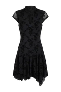 TRENDYOLMİLLA Black Plain skater/Belden Flared Keyhole Collar Mini Tulle Lined Knitting Dress - Image 6