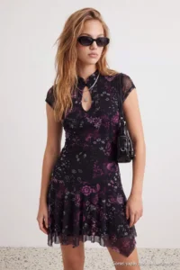 TRENDYOLMİLLA Multicolored Shawl pattern skater Keyhole Collar Mini Tulle Lined Knitting Dress - Image 2