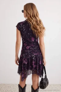 TRENDYOLMİLLA Multicolored Shawl pattern skater Keyhole Collar Mini Tulle Lined Knitting Dress - Image 4