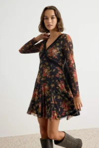 TRENDYOLMİLLA Multicolored Floral A-line V-neck LONG Short / Mini Tulle Lined Flexible Knitting Dress - Image 2