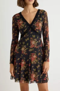 TRENDYOLMİLLA Multicolored Floral A-line V-neck LONG Short / Mini Tulle Lined Flexible Knitting Dress - Image 3